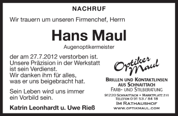Traueranzeige von Hans Maul von Pegnitz-Zeitung